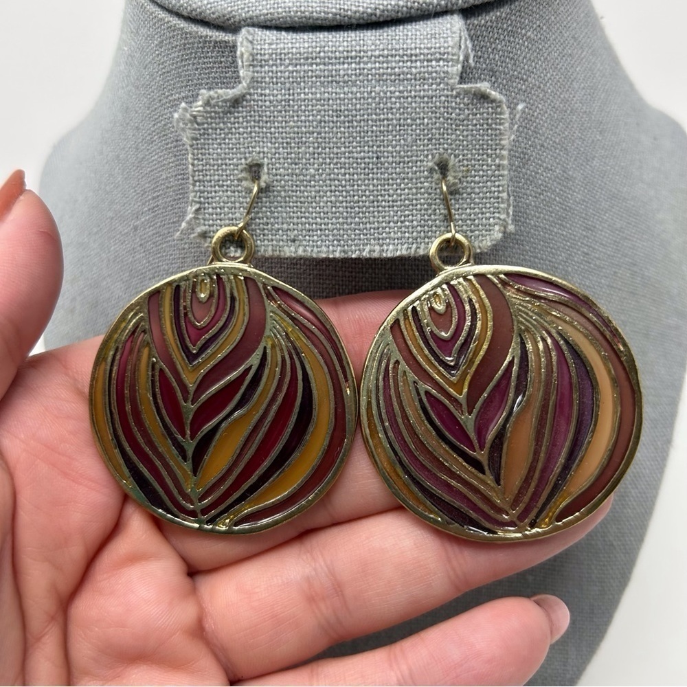 Purple and Yellow Translucent Peacock Inspired Design Round Dangle Earrings